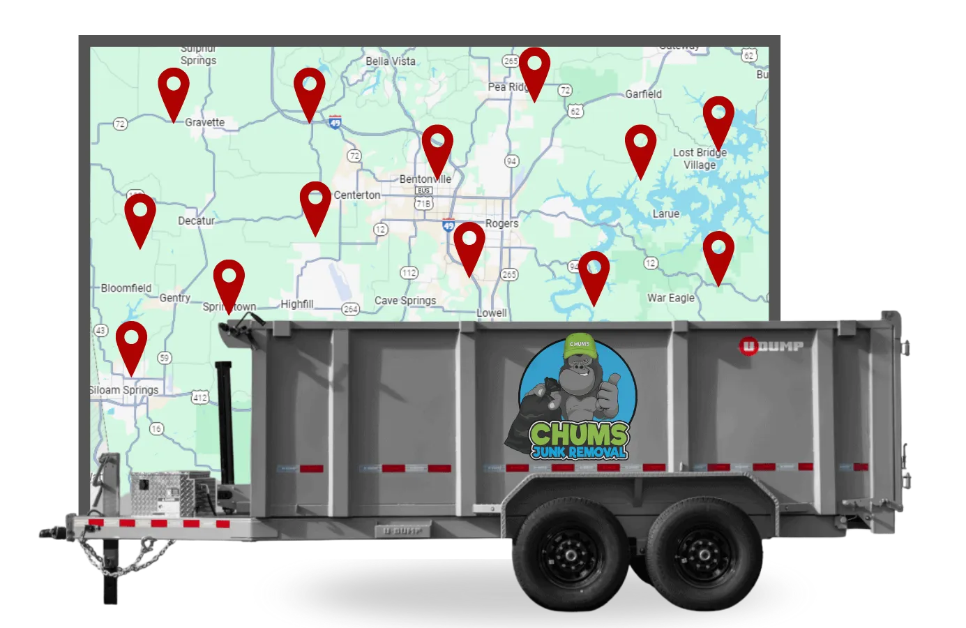 Chums Junk Removal service-area map covering Bentonville, Rogers, and Fayetteville