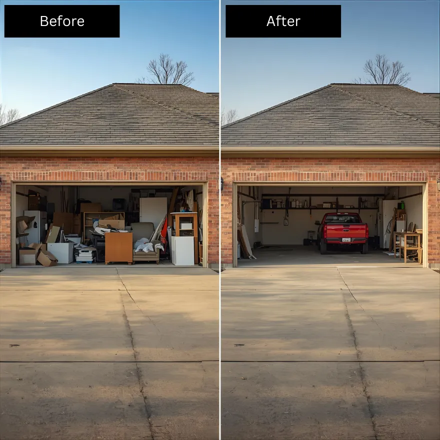 Side-by-side before and after of a garage cleared out by Chums Junk Removal