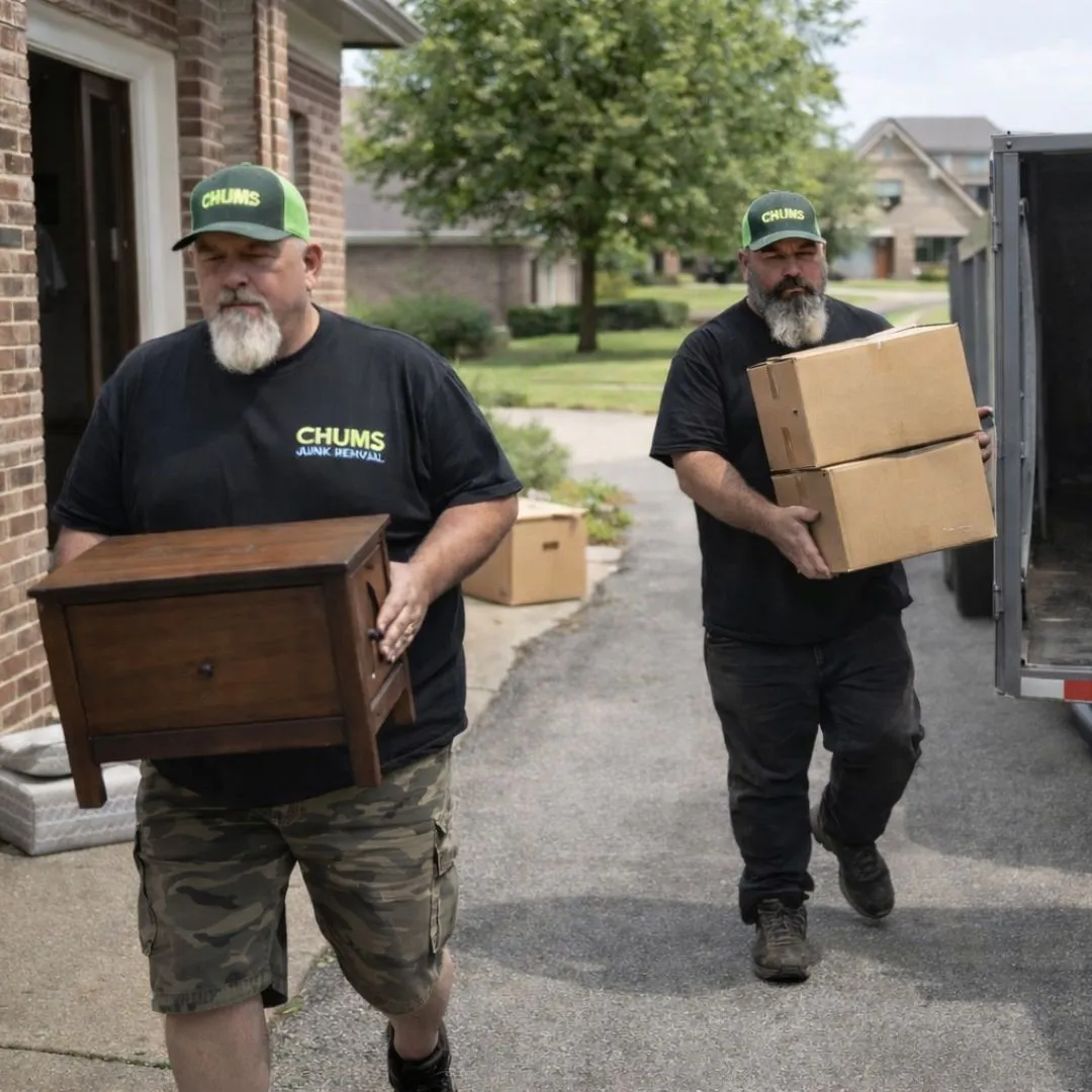 Chums Junk Removal crew carrying furniture and boxes during a cleanout job