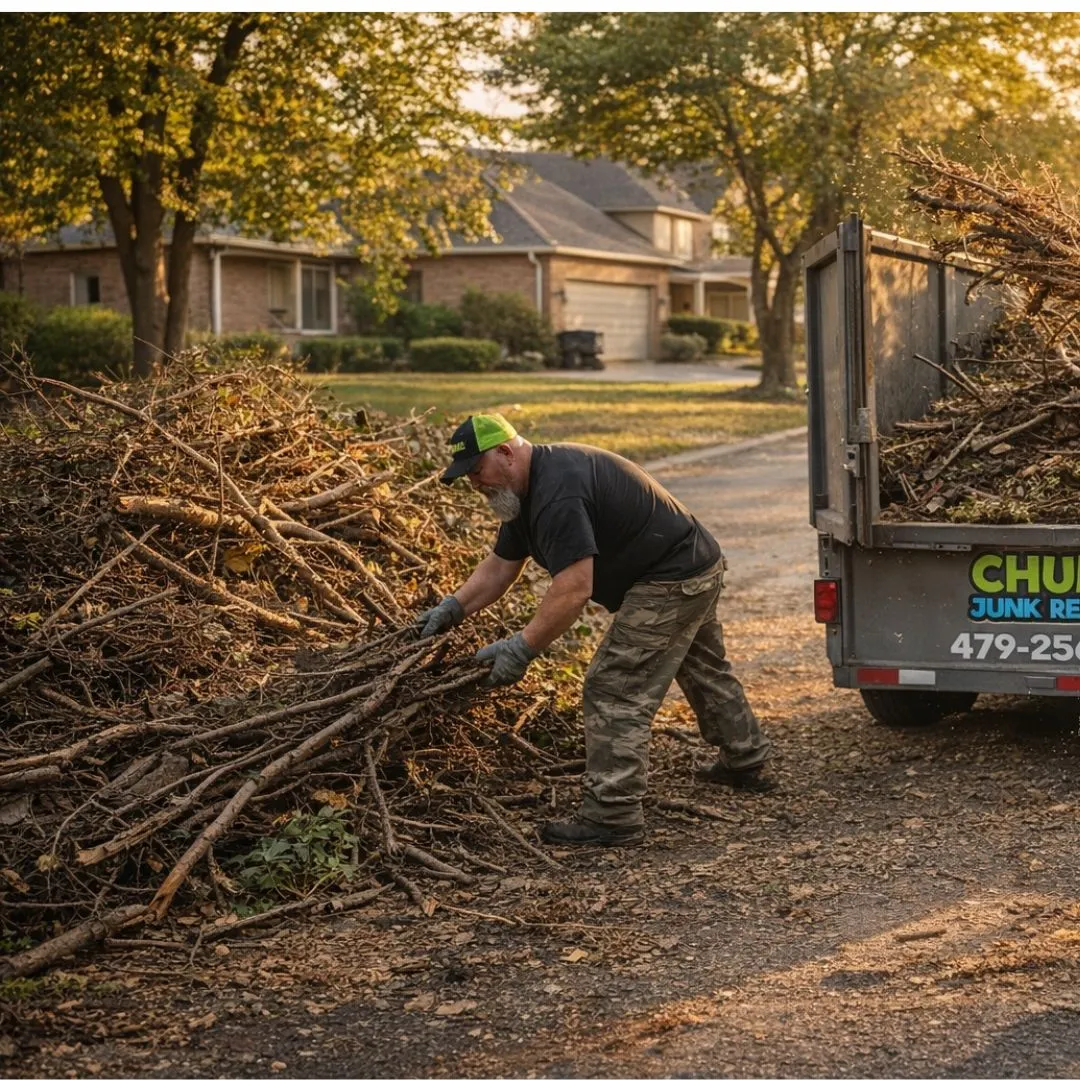 A Chums crew member loading branches and brush into the trailer at golden hour