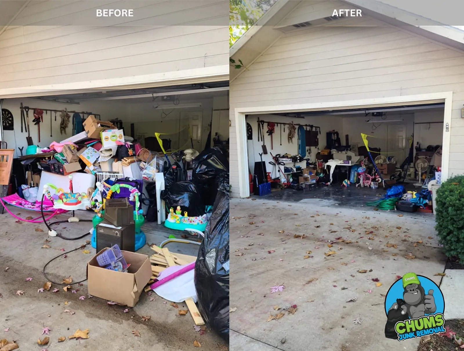 Before and after of a Chums Junk Removal garage cleanout in Northwest Arkansas