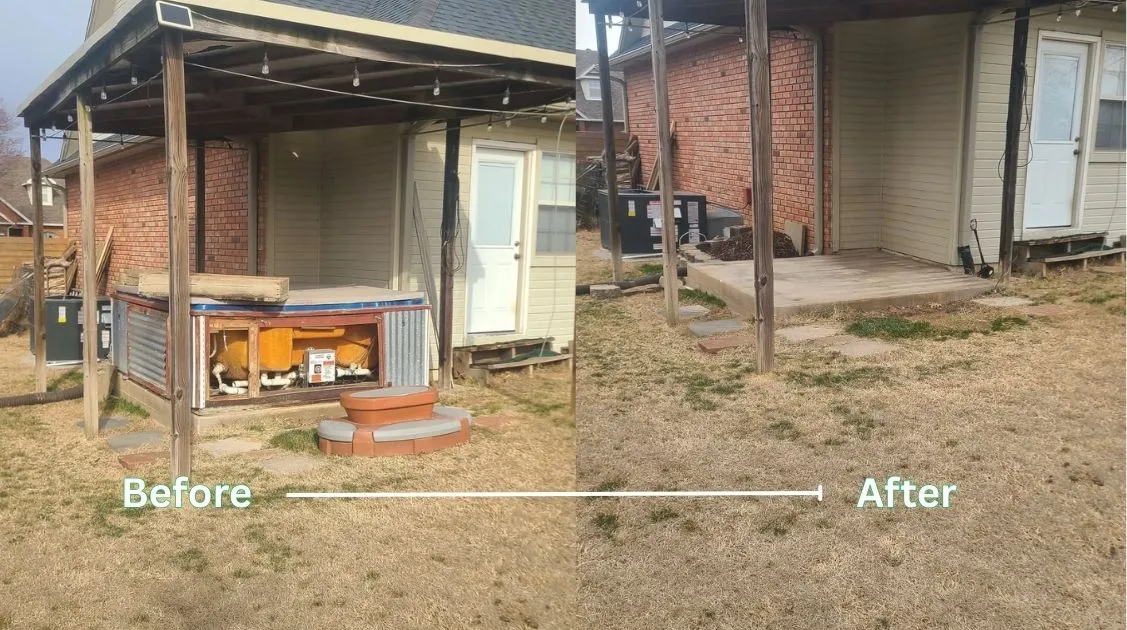 Before and after of an old hot tub removed from a backyard deck by Chums