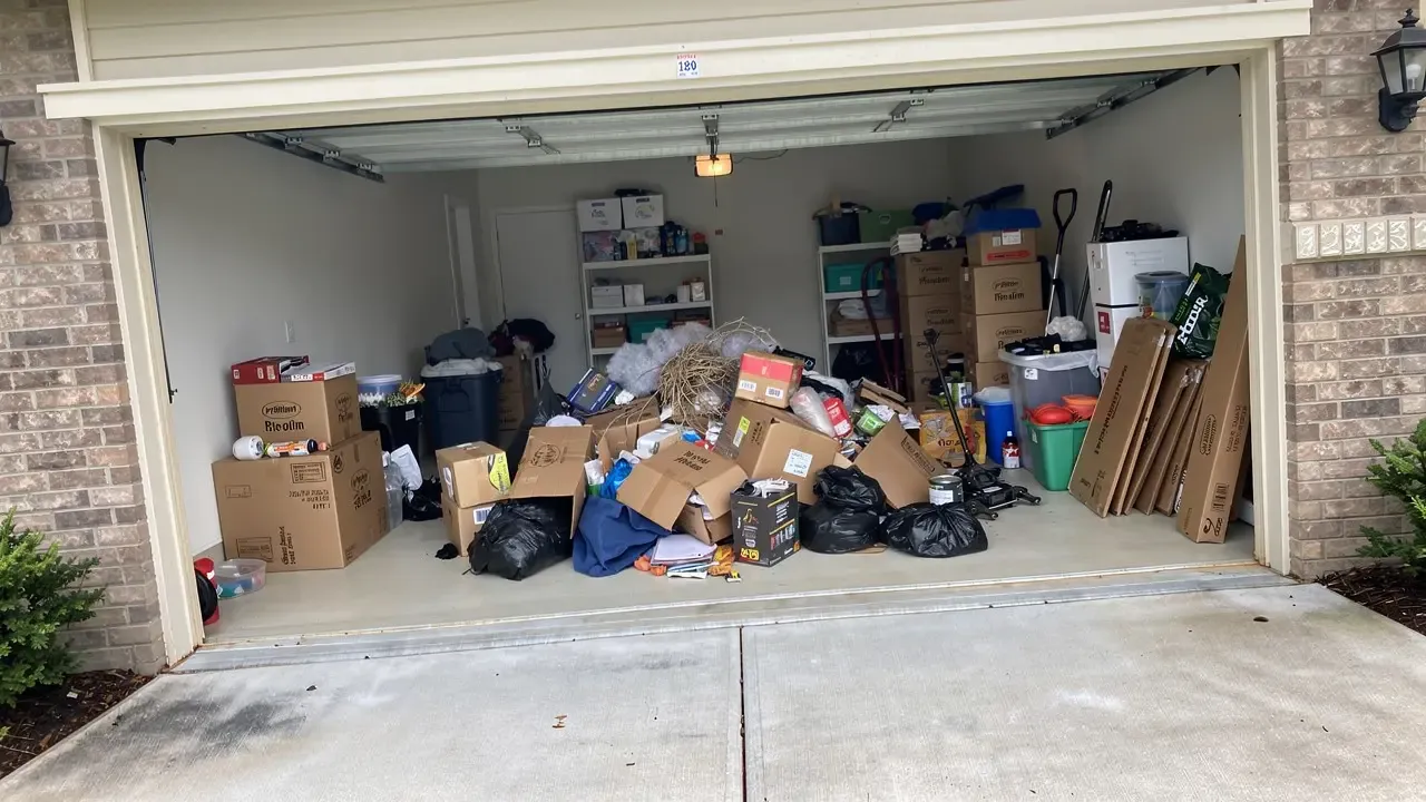 A garage full of household junk before a Chums Junk Removal cleanout in Northwest Arkansas