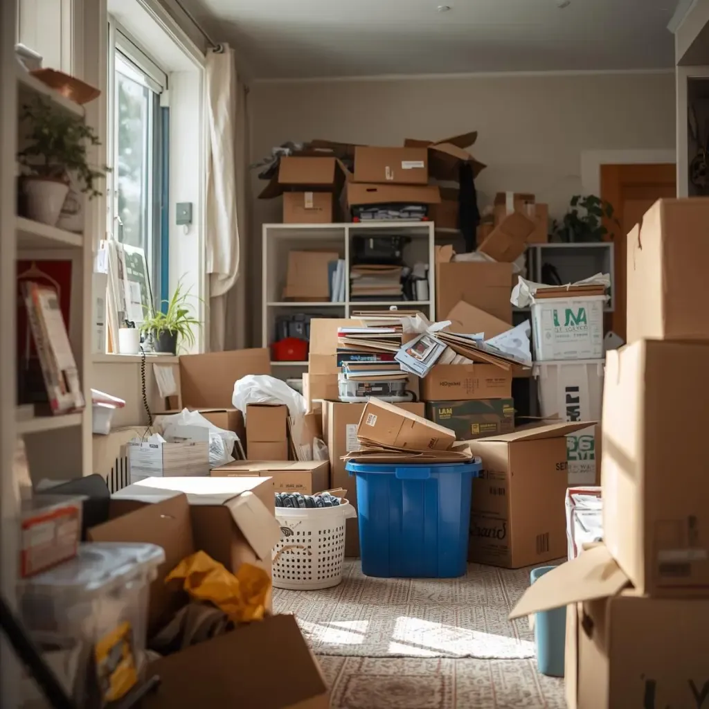Household junk grouped and staged in a garage, prepared for a Chums junk removal appointment