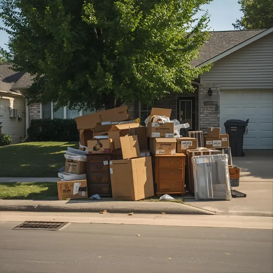 Boxes and household junk staged curbside for a Chums Junk Removal residential pickup in Northwest Arkansas