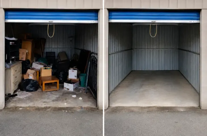 Side-by-side view of a storage unit full of items and the same unit swept empty