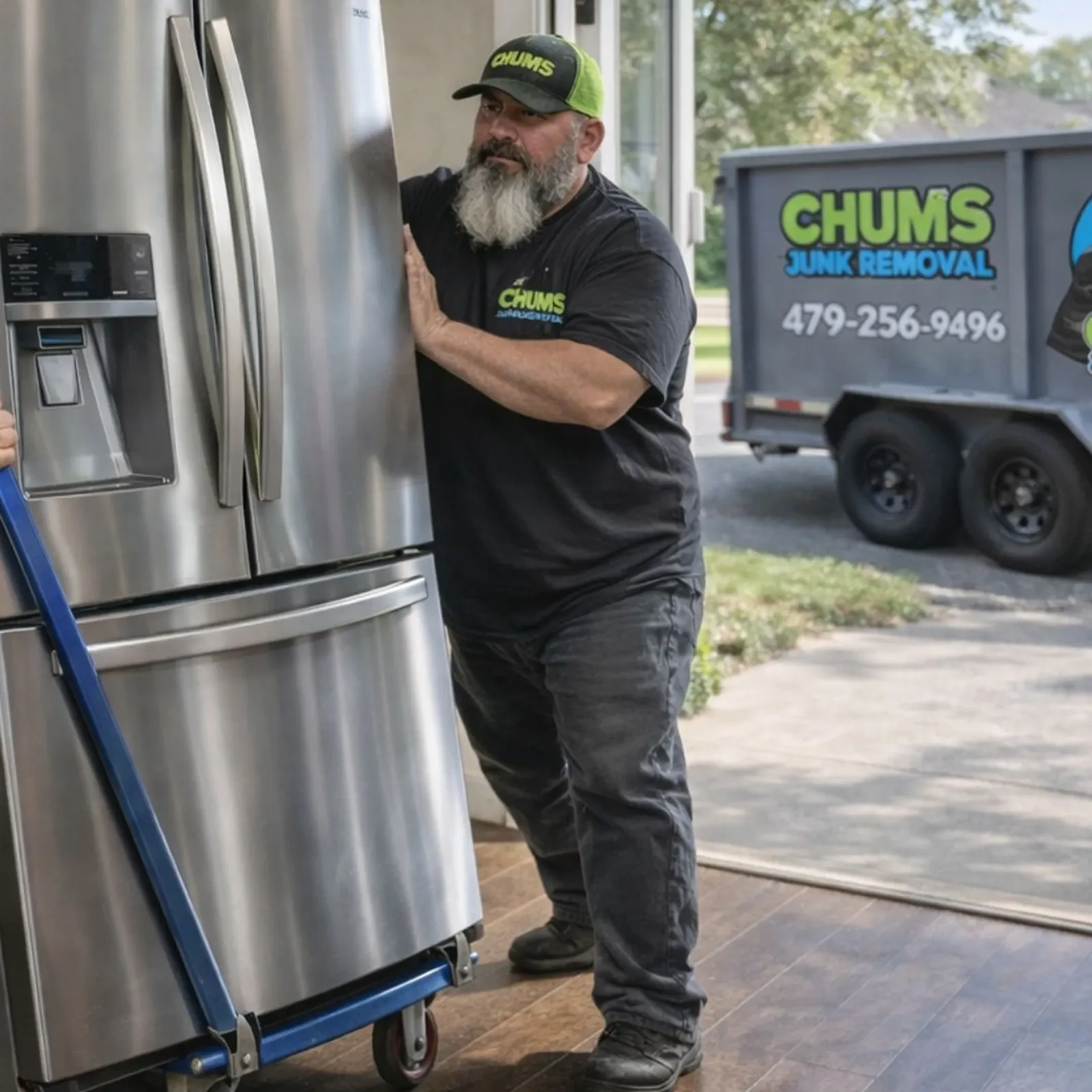 Chums crew moving a refrigerator during an appliance removal in Northwest Arkansas
