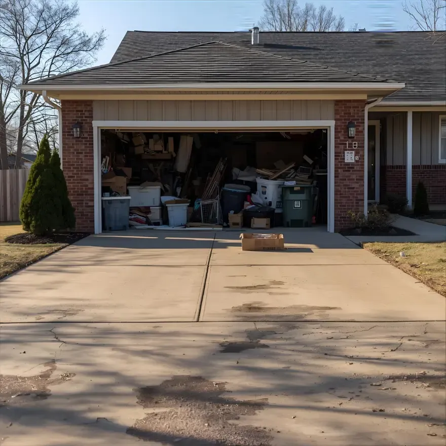 A cluttered garage full of boxes and gear ready for a Chums cleanout in Northwest Arkansas