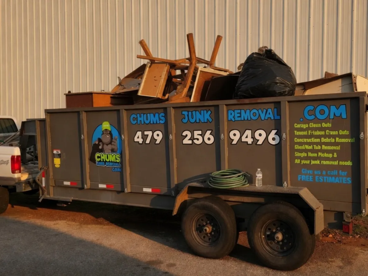 The Chums Junk Removal trailer loaded with furniture and junk on a Northwest Arkansas job