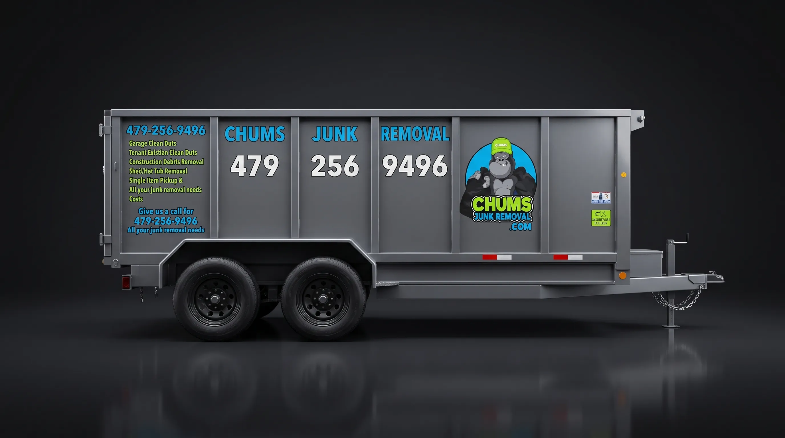 The Chums Junk Removal 16-foot dump trailer, branded with the gorilla logo